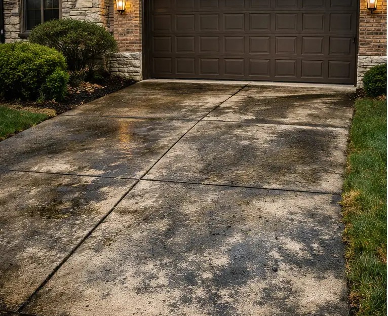 Concrete driveway with visible dark organic buildup before Pressure Tech cleaning