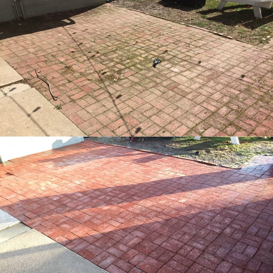 Before-and-after brick patio cleaning result from a Pressure Tech project